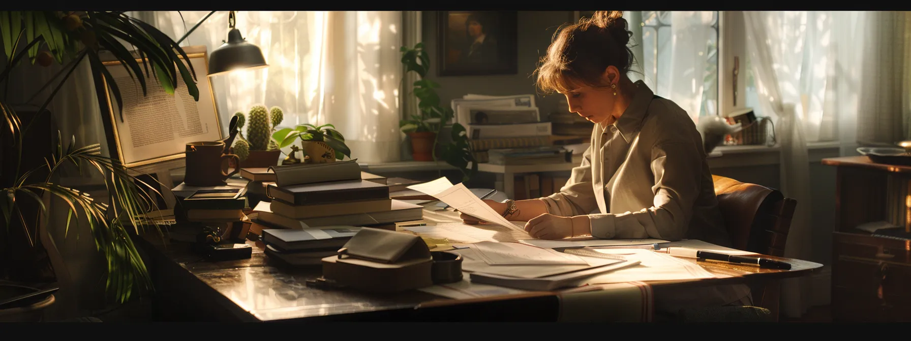 a person confidently managing their finances at a clutter-free desk while reviewing important documents and discussing with a financial advisor.