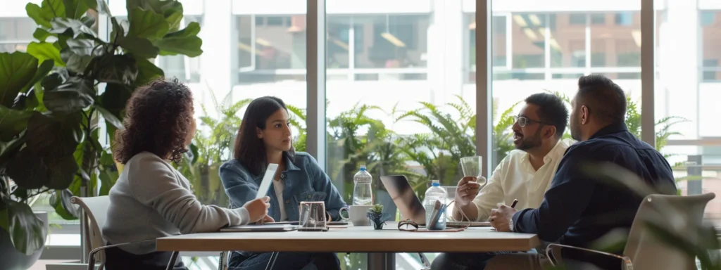 a group of people meeting with mortgage lenders in a modern office setting.