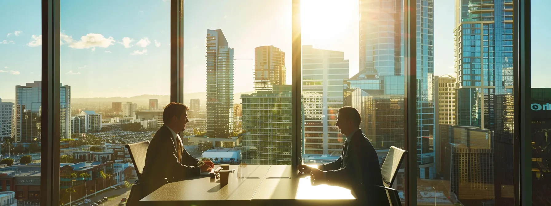 a person meeting with a local san diego loan advisor in a sunny office overlooking the city skyline.