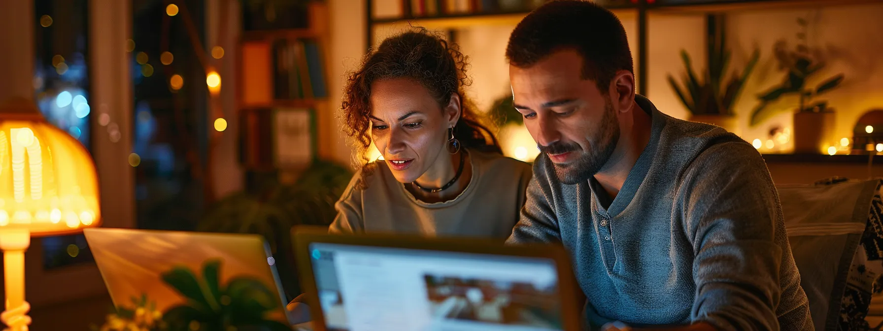 a couple sitting at a computer together, researching real estate and mortgage information online.