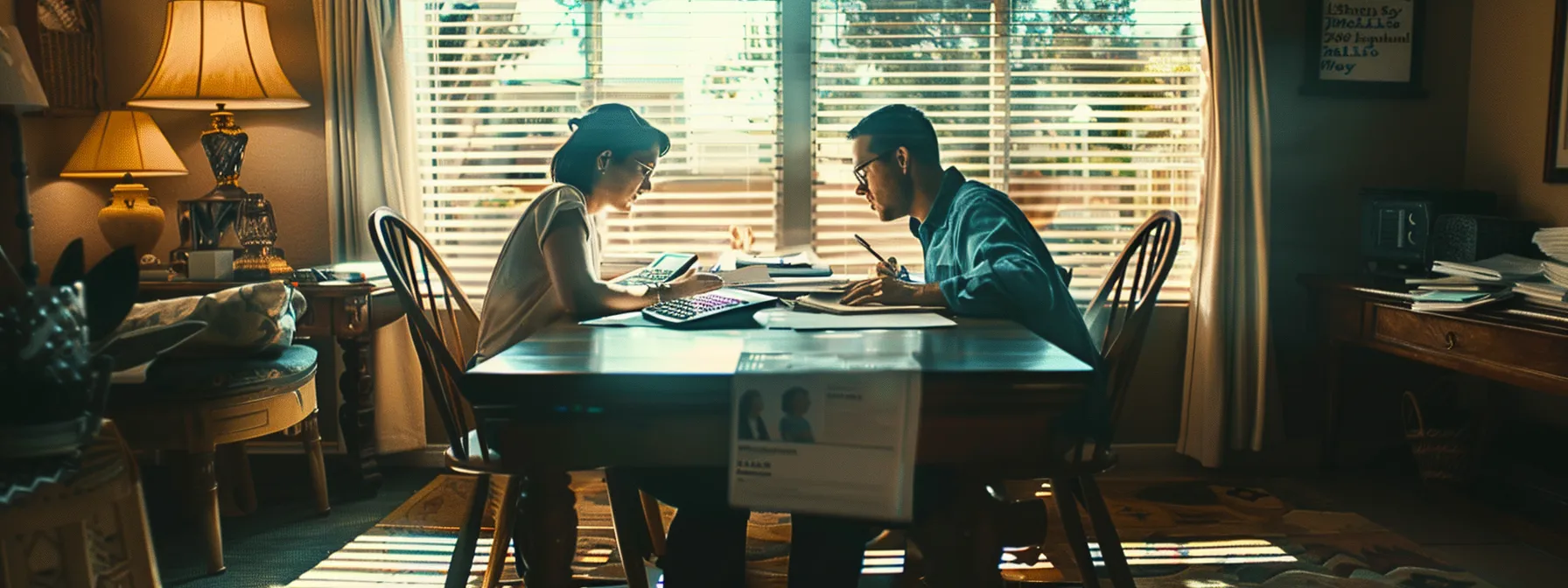 a couple sitting at a table in san diego, surrounded by paperwork and calculators, discussing mortgage refinancing options.