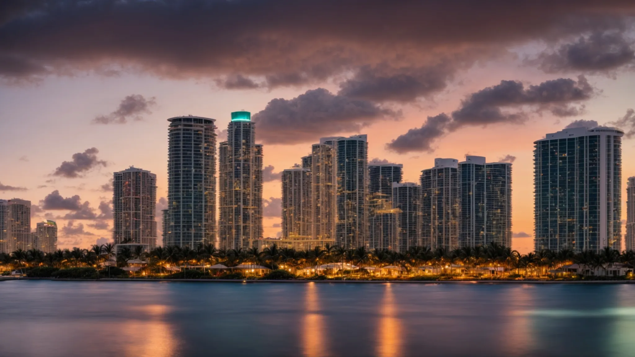 a panoramic view of miami's skyline with homes in the foreground at sunset, reflecting the city's real estate market.