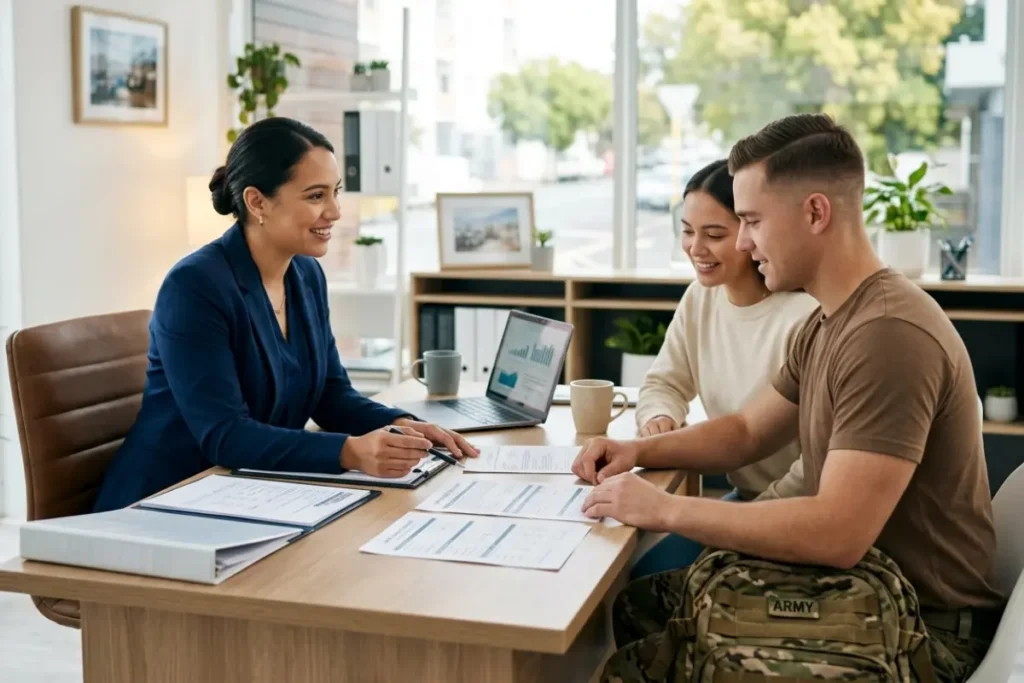 Maureen Martin San Diego VA loan mortgage broker reviewing home loan application with a military family
