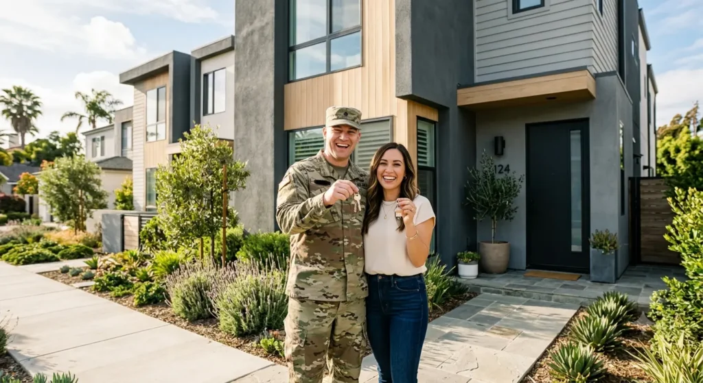 Military family holding house keys outside a VA-approved condo in San Diego