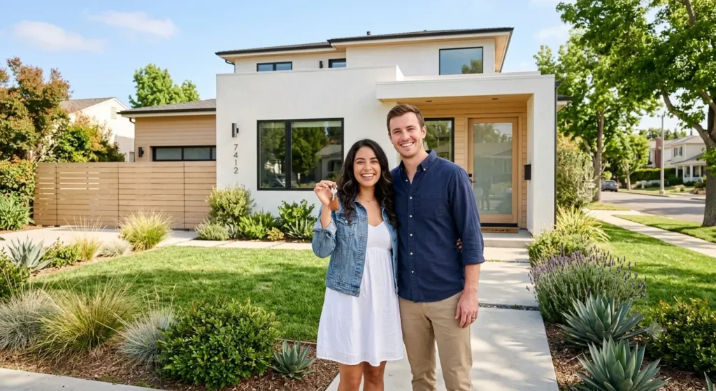 First-time home buyers holding keys outside their new San Diego home