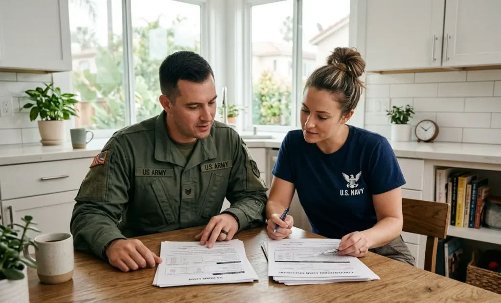 Military couple in San Diego comparing VA loan vs conventional loan documents