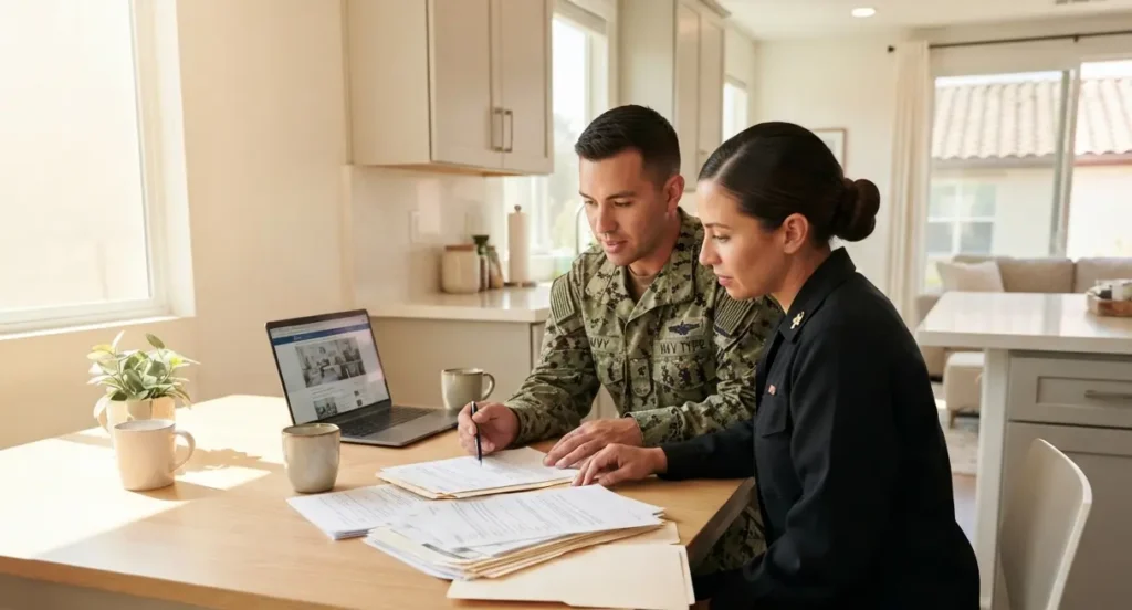 Military couple reviewing jumbo VA loan documents for a San Diego home purchase above the conforming lim