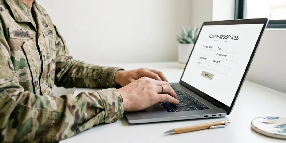 Homebuyer checking VA approved condo list San Diego on laptop